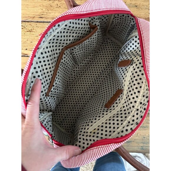 Linea Pelle Blue Womens Red White Purse Handbag tote bag striped pockets - Picture 8 of 9